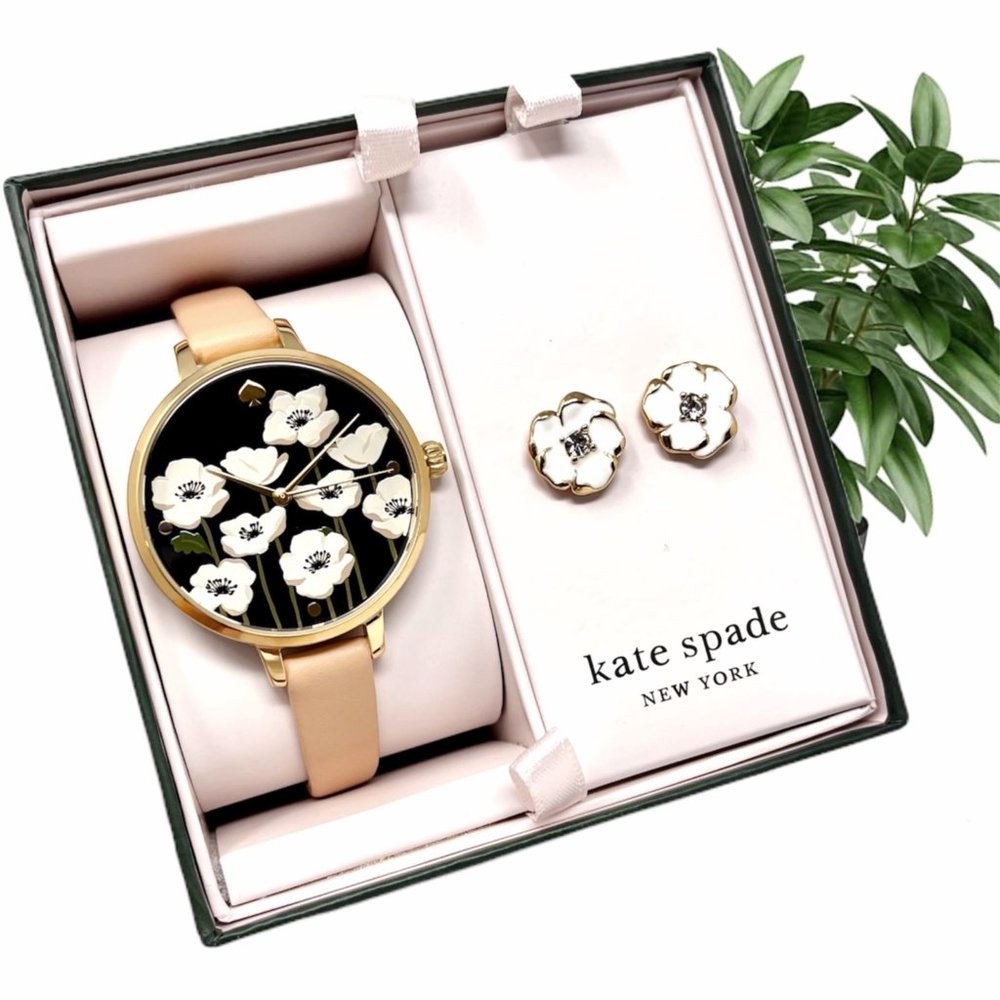 NWT KATE SPADE Gold-tone Leather Metro Watch and Earrings Box Set KSW1375BOX